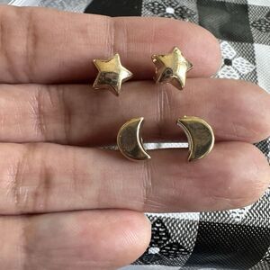 Earrings Post Stud 0.375 Inch Moon Stars Set of 2 Pair Gold Tone Metal Sky Space